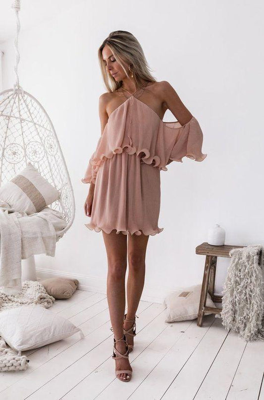 Elegant A-Line Homecoming Dresses Chiffon Lucille Pink Halter Off-Shoulder Short CD2367