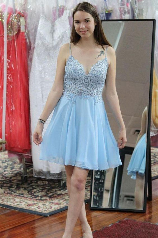 A-Line Light Blue Short Features Homecoming Dresses Lace Chiffon Cassie With Spaghetti Straps And Bodice CD24034