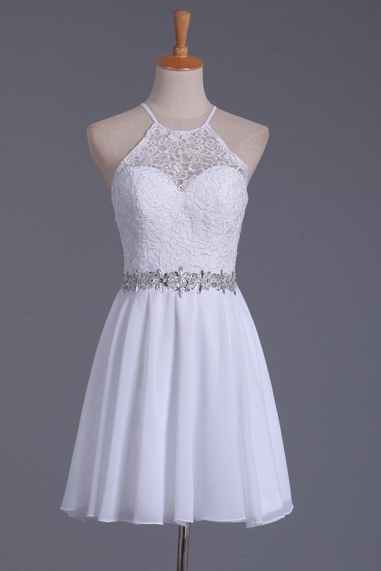 2024 White Chiffon Miya A Line Lace Homecoming Dresses Halter & Short/Mini Dress CD243