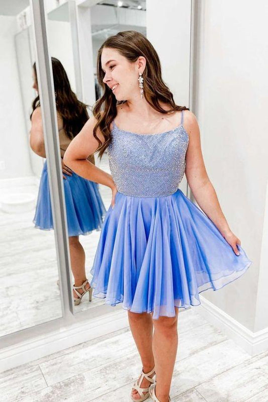 Chiffon Homecoming Dresses Aria A-Line Blue Short With Spaghetti Straps And Beaded Bodice CD24530