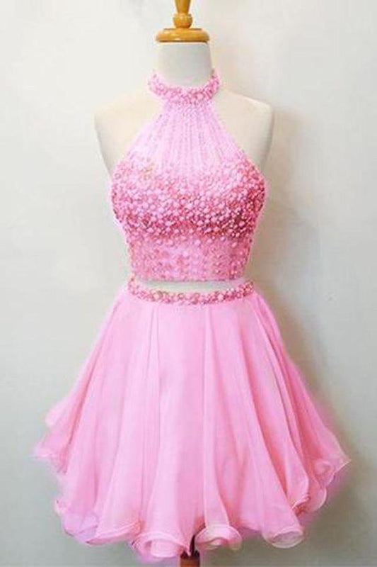 Hot Two Piece Halter Beaded Scoop Neck Pink Rihanna Homecoming Dresses Keyhole Back CD24615