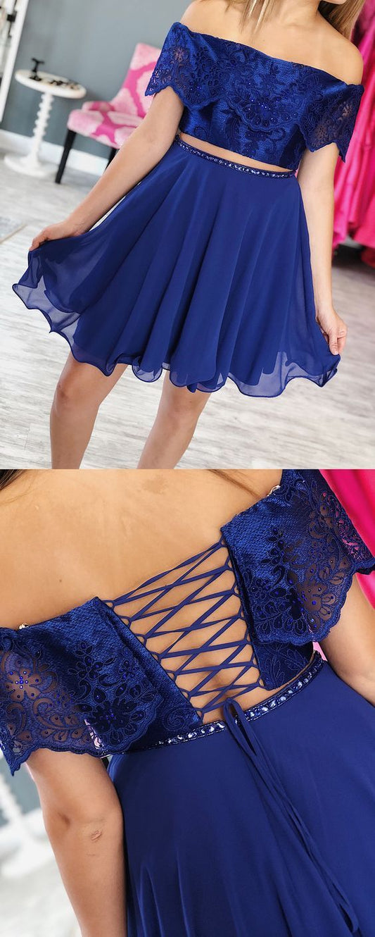 Cute Tow Piece Off The Shoulder Short With Beading Royal Blue Homecoming Dresses Chiffon A Line Lace Hana DG2688