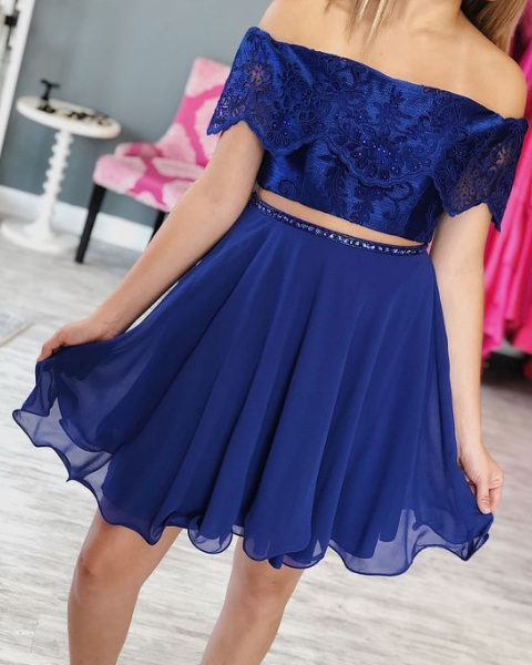 Cute Tow Piece Off The Shoulder Short With Beading Royal Blue Homecoming Dresses Chiffon A Line Lace Hana DG2688