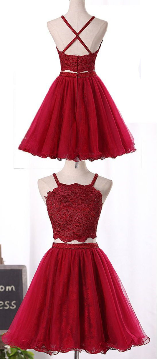 Wine Red Two Piece Tulle And Lovely Party Dresses Homecoming Dresses Lace Zion 2024 CD2713