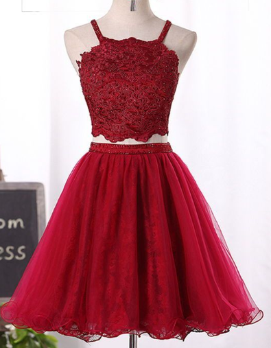 Wine Red Two Piece Tulle And Lovely Party Dresses Homecoming Dresses Lace Zion 2024 CD2713
