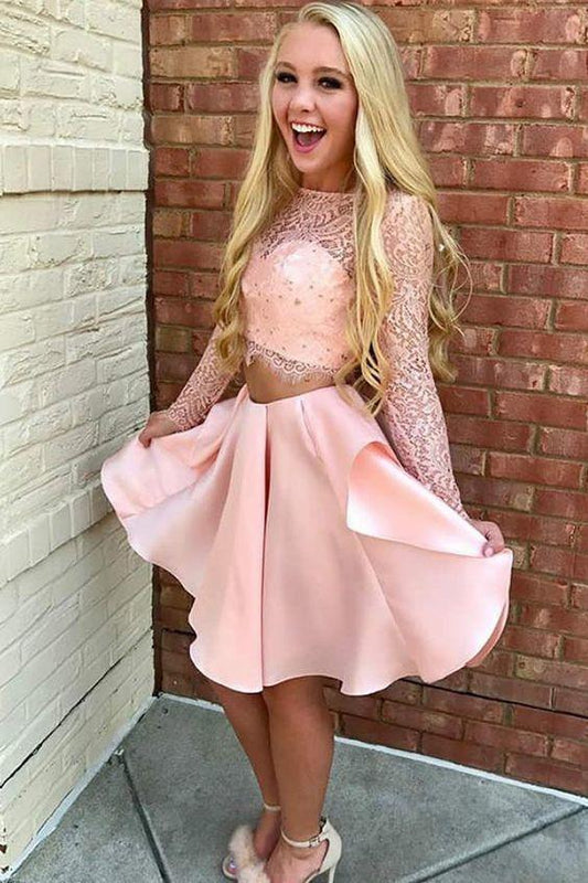 Two Piece Jewel Long Sleeves Short With Pink Lace Carissa Homecoming Dresses Party Dress CD2728
