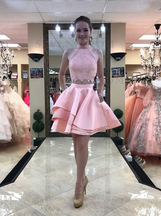 Two Piece High Neck Above-Knee With Homecoming Dresses Pink Lace Amari Pockets CD2832