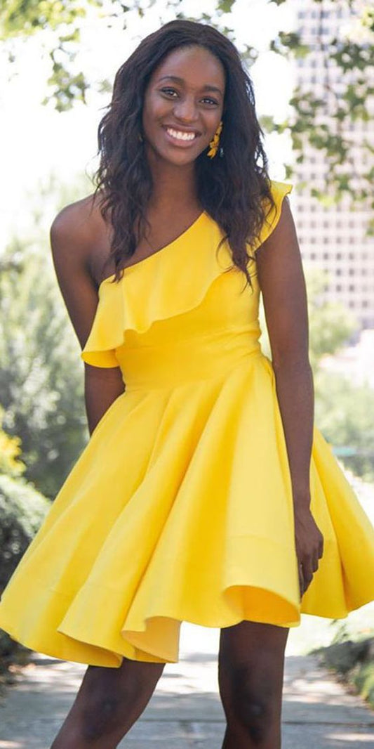 Yellow One Shoulder Litzy Homecoming Dresses Satin A-Line Short CD3292