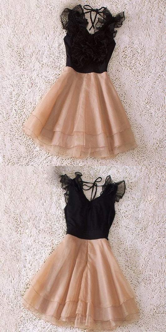 Homecoming Dresses Emely Chiffon A-Line V-Neck Short Champagne With Flowers Tiered CD330