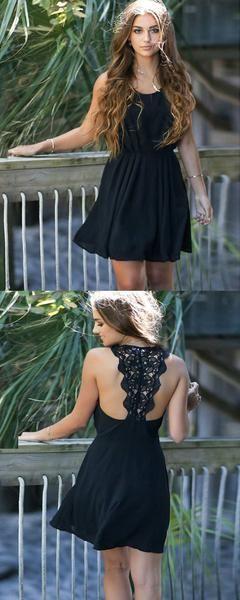 Simple A-Line Scoop Neckline Sleeveless Chiffon Lace Dominique Homecoming Dresses Black With CD3449