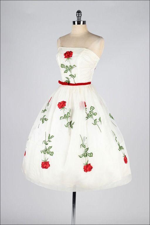 Vintage 1950s Organza Red Roses Dead Stock Homecoming Dresses Jaslyn Ivory Dress CD3719