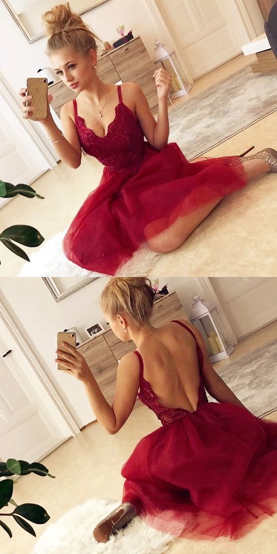 Sexy Backless Red Sleeveless Lace Homecoming Dresses Miley Tulle Short Party Dress With CD377