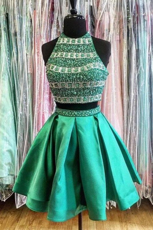 Morden Green s Beading Homecoming Dresses Two Pieces Satin Kaylee Round Neck Short CD4003