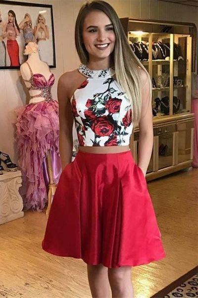 Two Piece Floral Red Short With Pocket Simple Knee Length A Line Homecoming Dresses Serenity Graduation Party Dress DG407