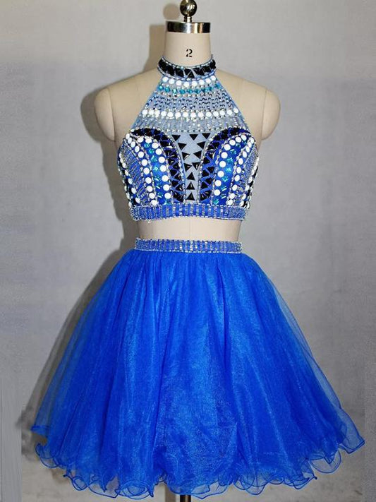 Blue High Neck Beaded Two Pieces Cocktail Homecoming Dresses Kiersten Short Dresses CD413