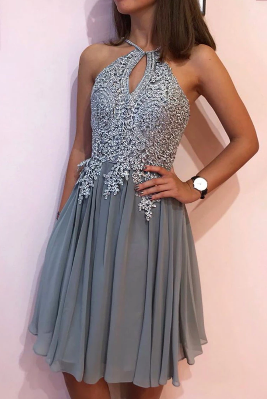 Gray Short Homecoming Dresses Yasmin Chiffon Lace Party Dress Gray CD4978