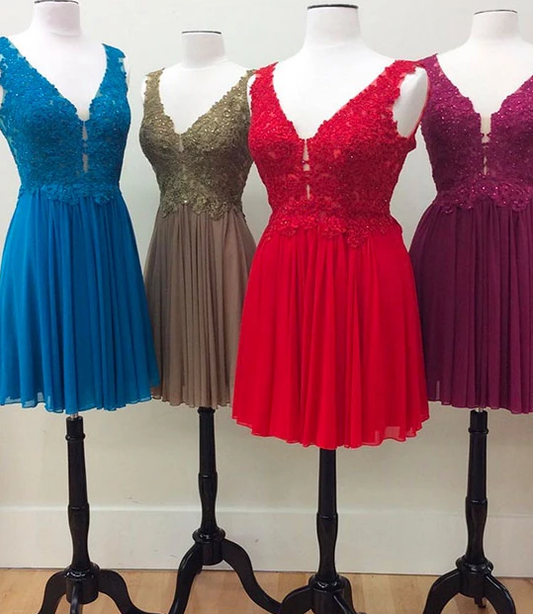 A-Line V Neck Tiara Chiffon Homecoming Dresses Lace Short Party Dress CD4997