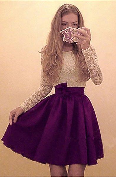 Homecoming Dresses Lace Cristal Chiffon A-Line Round Neck Long Sleeves Purple Short With CD6667
