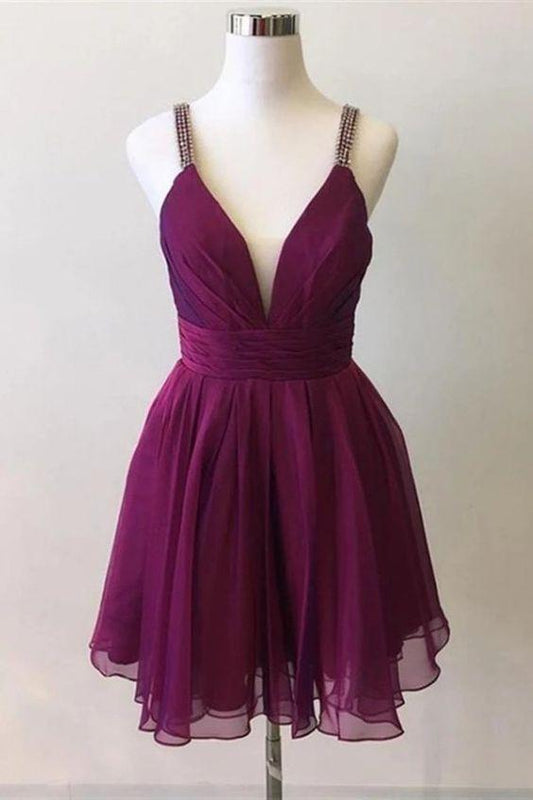 Cute Deep Homecoming Dresses Chiffon Shiloh V Neck Purple Beads Formal Dresses CD8299