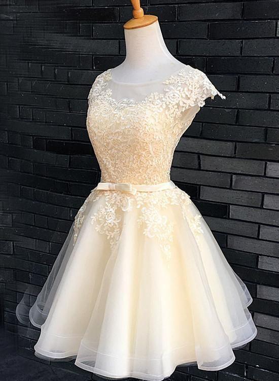 Champagne Cute Knee Length Formal Dress Graduation Party Dress Homecoming Dresses Meredith Lace CD8472