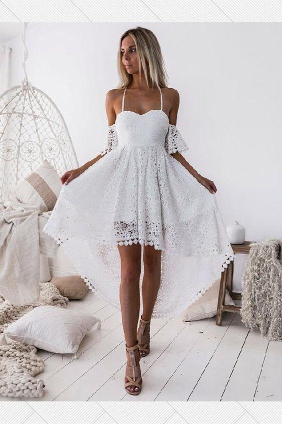 White Party Dress A-Line Homecoming Dresses Lace Mattie Spaghetti Straps Short Sleeves High Low White DG87