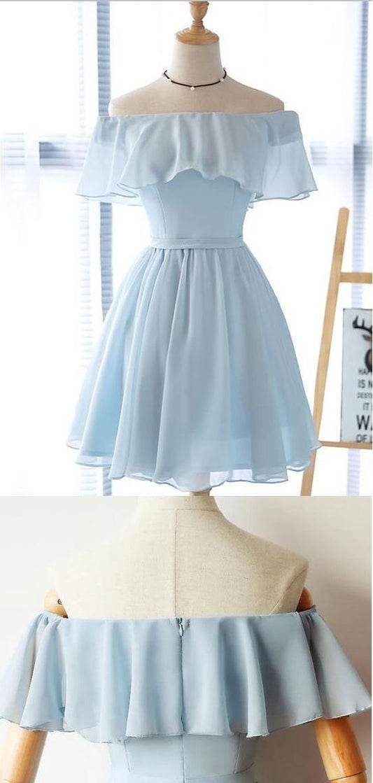 Simple Homecoming Dresses A Line Chiffon Kaliyah Off The Shoulder Light Blue Short CD9058