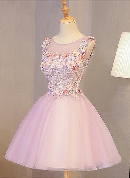 Cute Round Neckline Pink Anna Homecoming Dresses Tulle Party Dress With Flowers Lovely Formal Dress CD9063