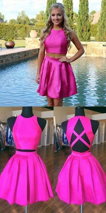 Two Piece A-Line Jewel Open Back Short With Satin Homecoming Dresses Cherish Pleats CD9342