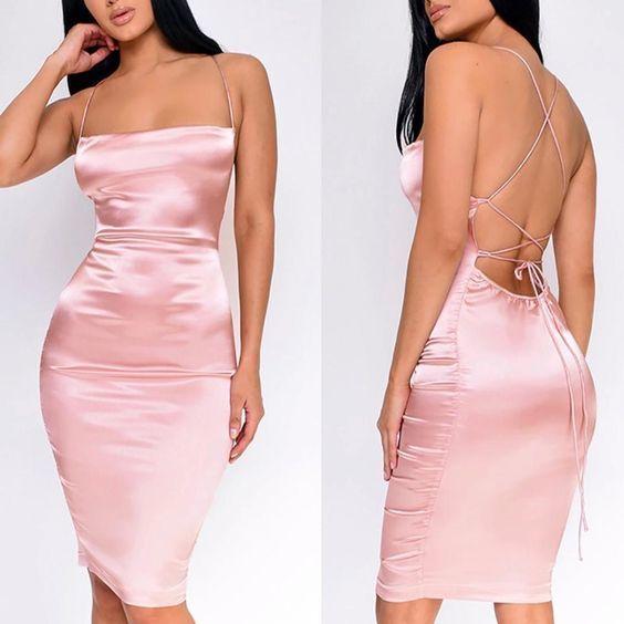 Pretty Sexy Open Back Strap Silk Mid-Length Homecoming Dresses Pink Satin Paris CD9815