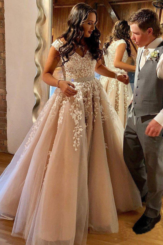 A Line Cheap Nude Quinceanera Dress Lace Appliques Cap Sleeve Beaded Prom Dresses uk PW238