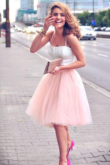 Simple Two Pieces A-line Scoop Spaghetti Straps Tulle Ruffles Short Homecoming Dresses JS942