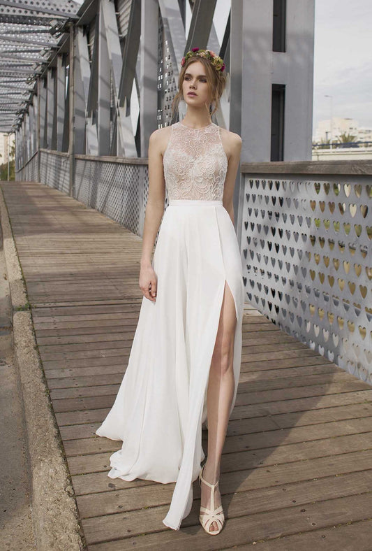 White Side Split Prom Dress Open Back Beach Wedding Dress