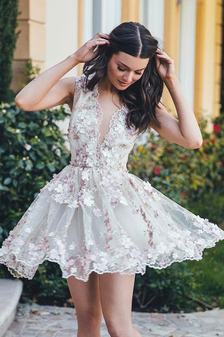 Tulle V Neck Homecoming Dresses A Line Tulle With Handmade Flowers