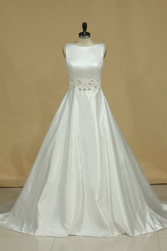 2022 A Line Scoop Beaded Waistline Wedding Dresses Satin With Bow Knot Court Train
