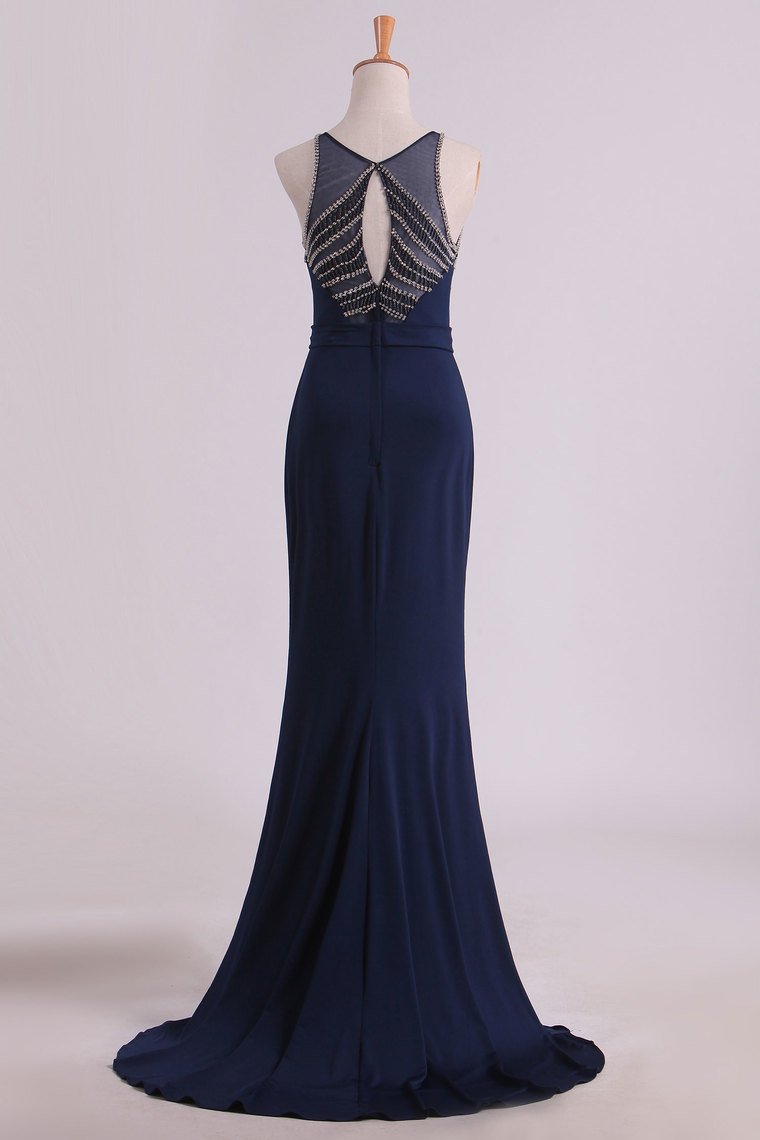 2022 Spandex Scoop With Beading Sheath Evening Dresses Open Back Sweep Train