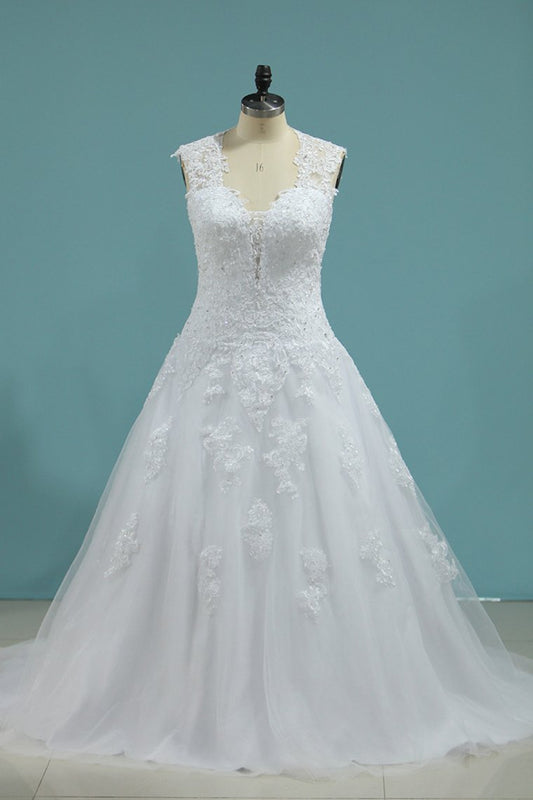 Wedding Dresses A-Line High Neck Court Train Satin With Applique Covered Buttons
