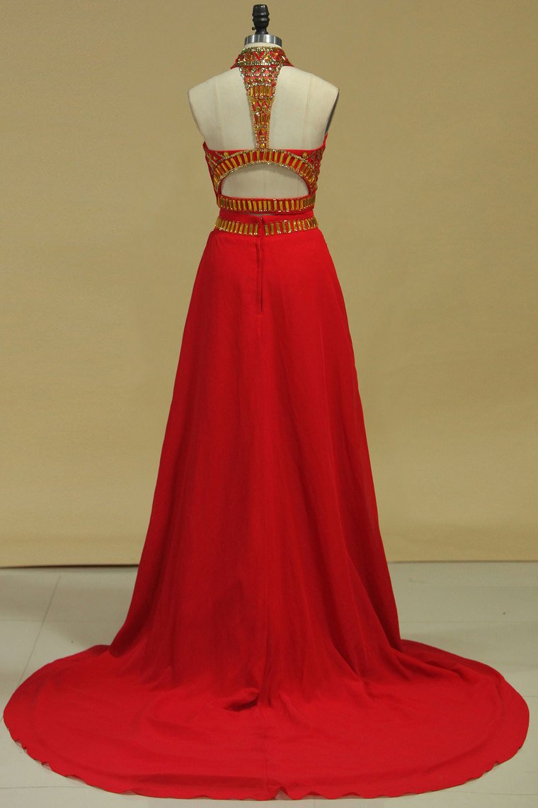 Two-Piece High Neck With Beading Chiffon Prom Dresses