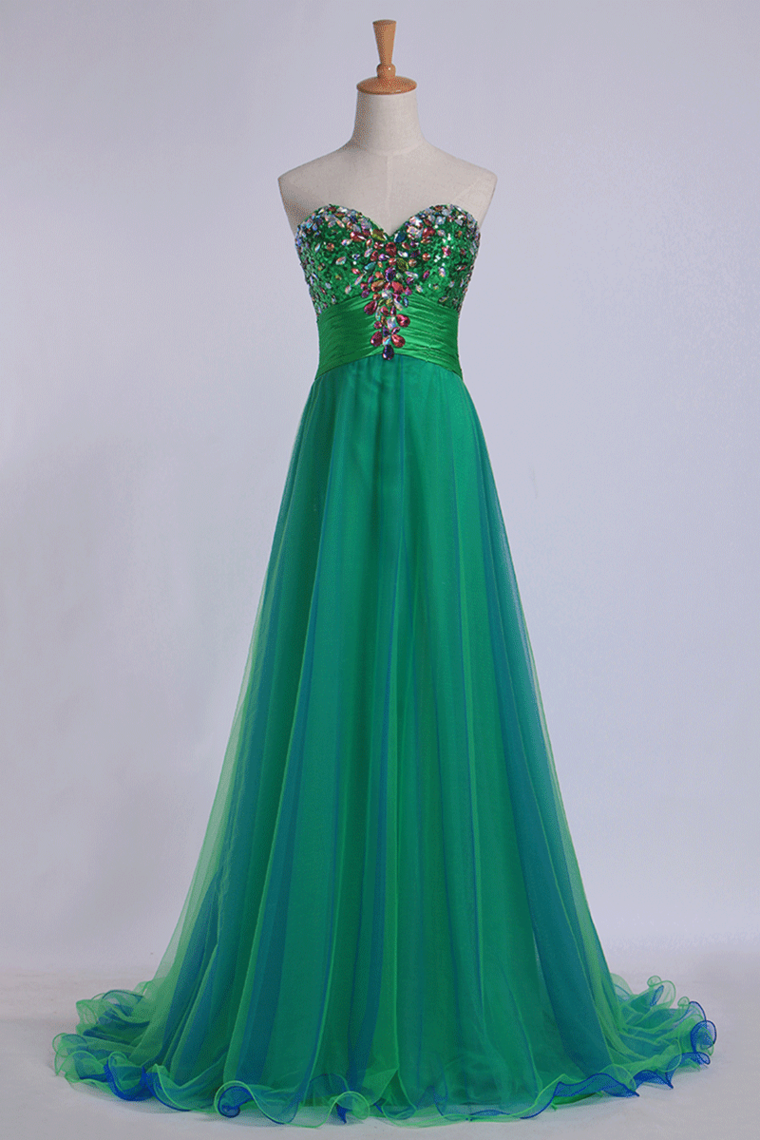 Sweetheart Prom Dresses Empire Waist Floor Length With Beading/Sequins Tulle