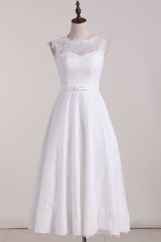 2024 A Line Wedding Dresses Scoop Lace With Sash Tea-Length