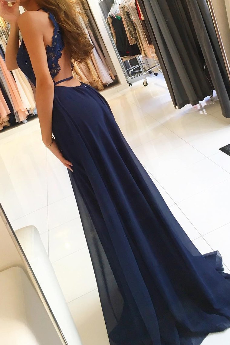 2022 Halter Chiffon Prom Dresses A Line With Applique Open Back