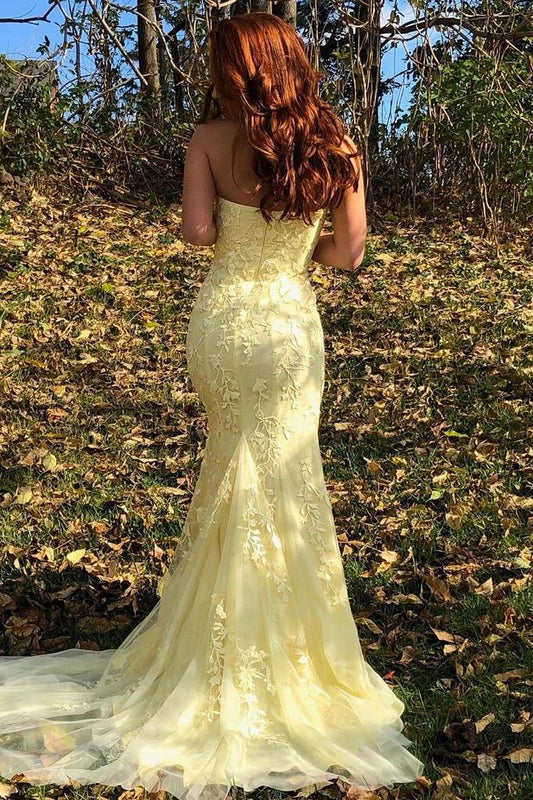 Yellow Mermaid Strapless Lace Appliques Prom Dresses with Slit, Evening SJS20475