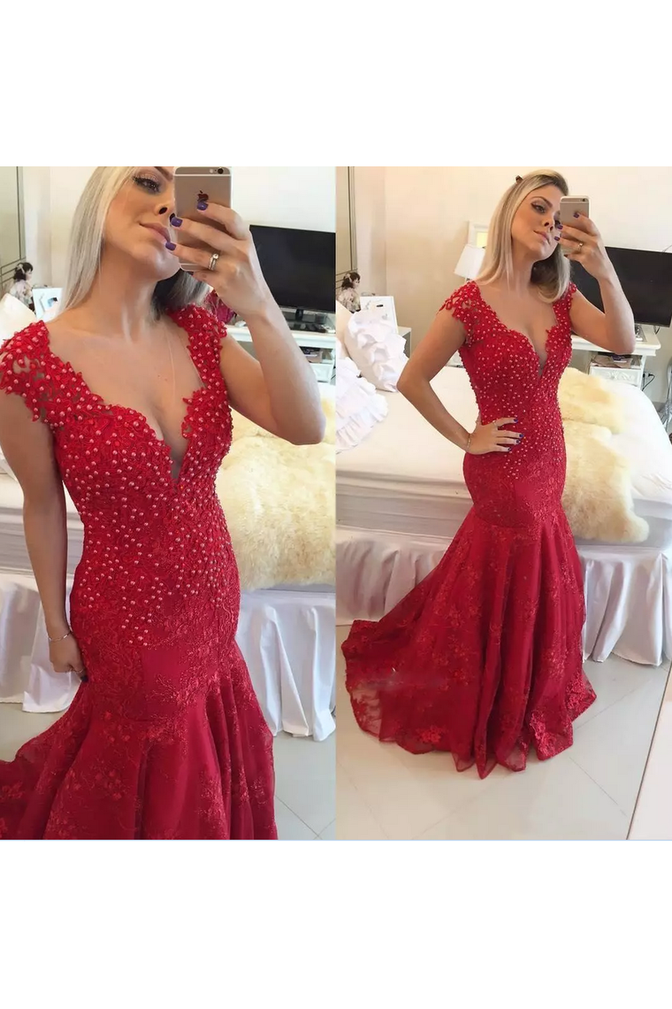 2024 Prom Dresses Mermaid V Neck Tulle With Beads And Applique Sweep Train