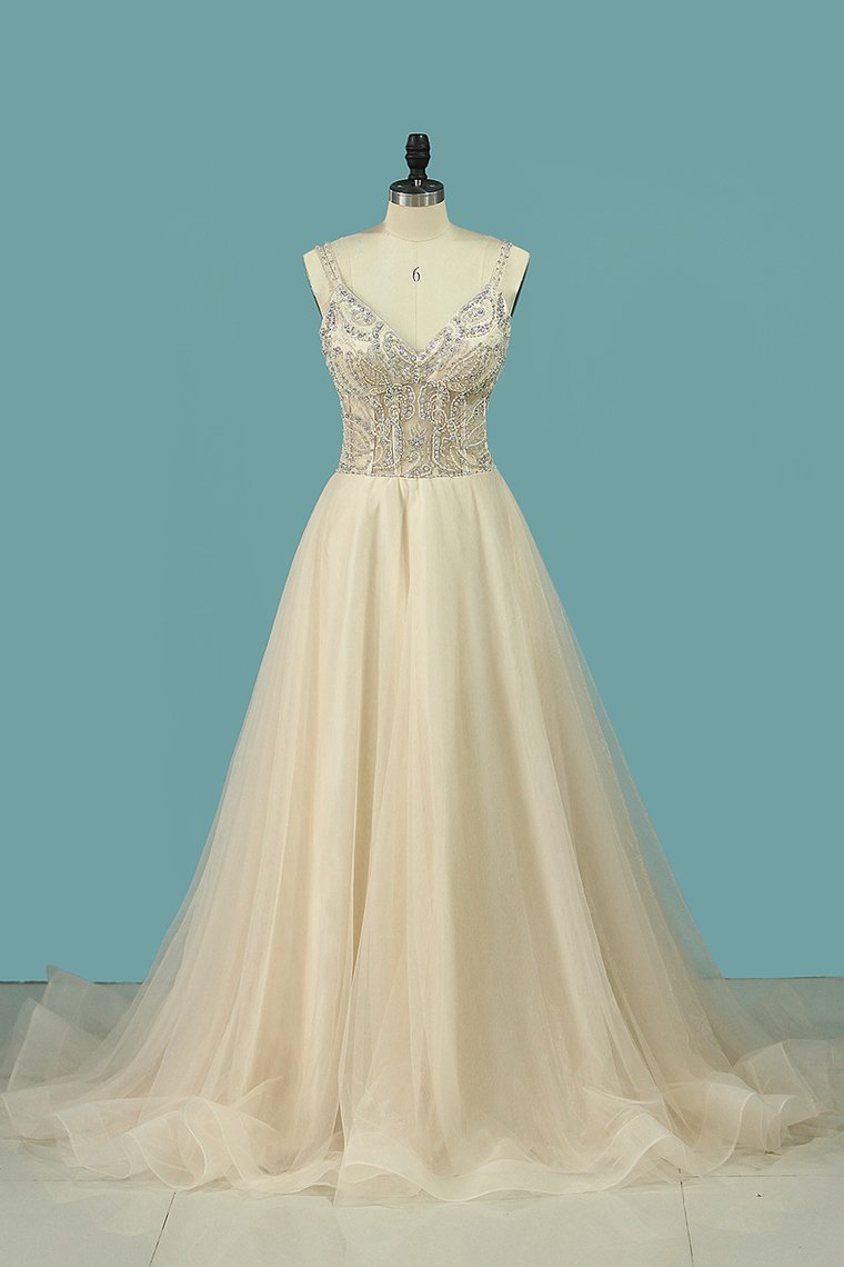 2024 A Line Spaghetti Straps Wedding Dresses Beaded Bodice Tulle Court Train