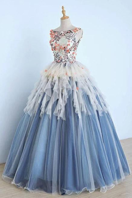 Princess Ball Gown Appliques Blue Tulle Prom Dresses, Sweet 16 Dress, Quinceanera Dress SJS15289