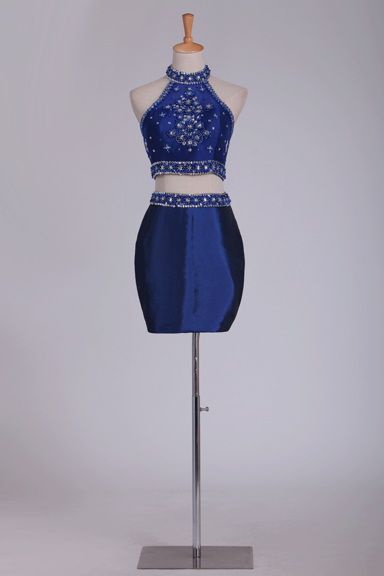 Two Pieces Halter Homecoming Dresses Sheath With Beads Short/Mini Dark Royal Blue