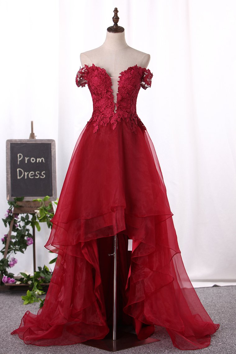 Off The Shoulder Prom Dresses Organza With Appliques Asymmetrical
