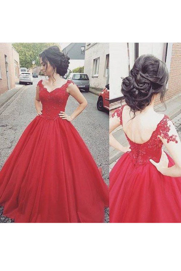 V Neck A Line Tulle Prom Dresses With Applique Sweep Train