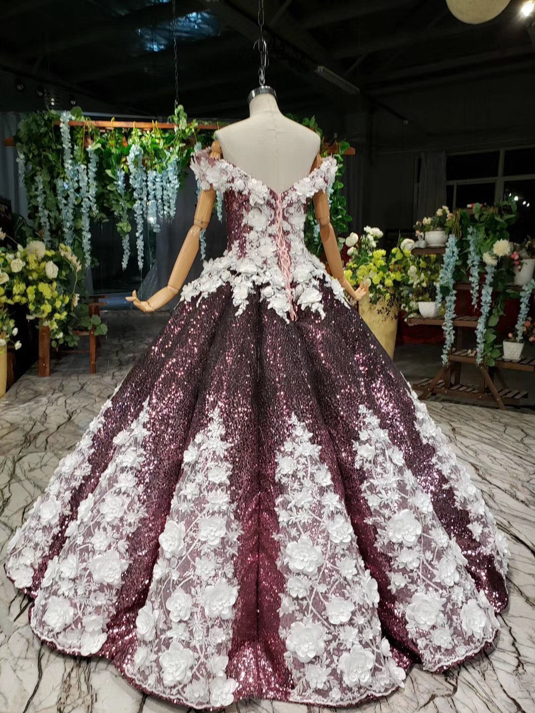 Ball Gown Off the Shoulder V Neck Satin Prom Dresses with Hand Made Flowers, Quinceanera Dress SJS15064