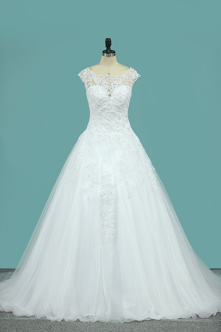 2024 A Line Scoop Tulle With Applique Wedding Dresses Court Train