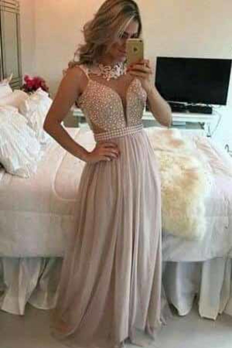 New Arrival Scoop Beaded Bodice Chiffon A Line Prom Dresses